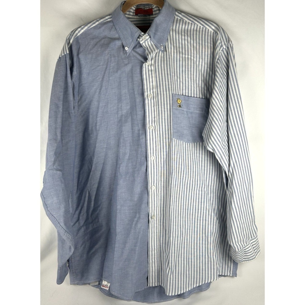 Vtg Peanuts Embroidered Woodstock Chambray Striped Denim Shirt Mens 16.5 34/35